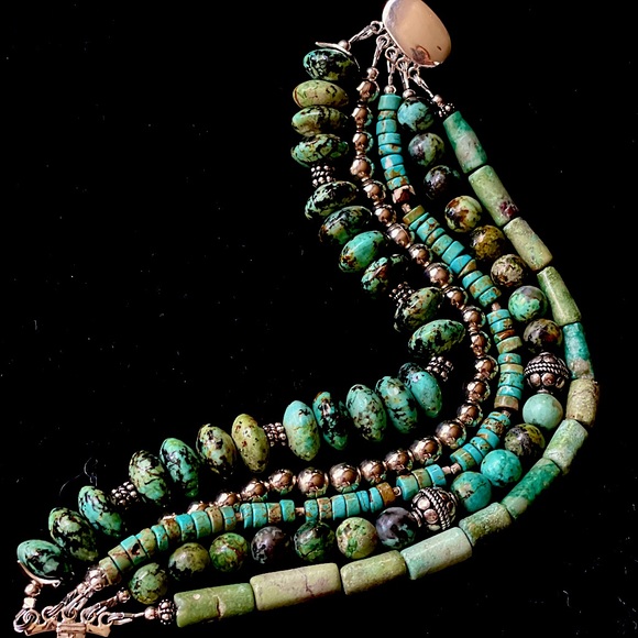 5 Strand Turquoise Bracelet with Sterling Beads - Picture 1 of 4